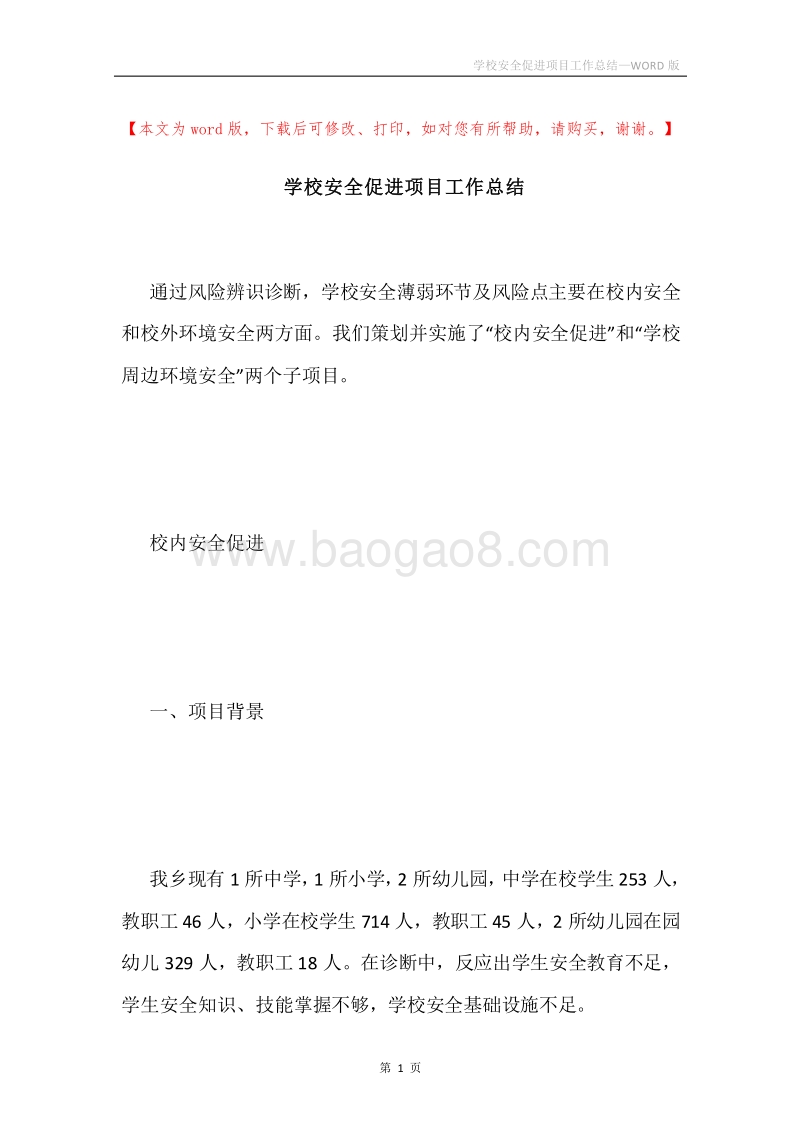 学校安全促进项目工作总结.docx_第1页