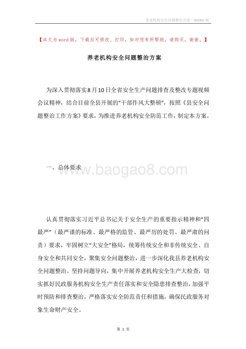 养老机构安全问题整治方案.docx_第1页
