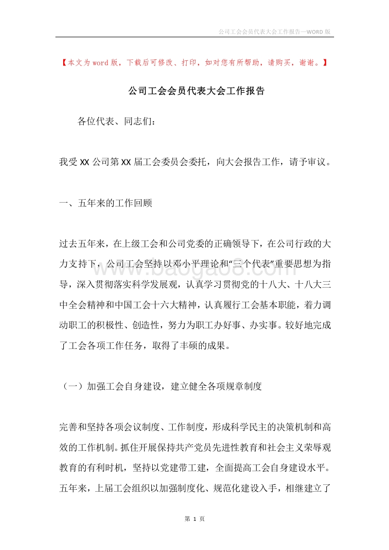 公司工会会员代表大会工作报告.docx_第1页