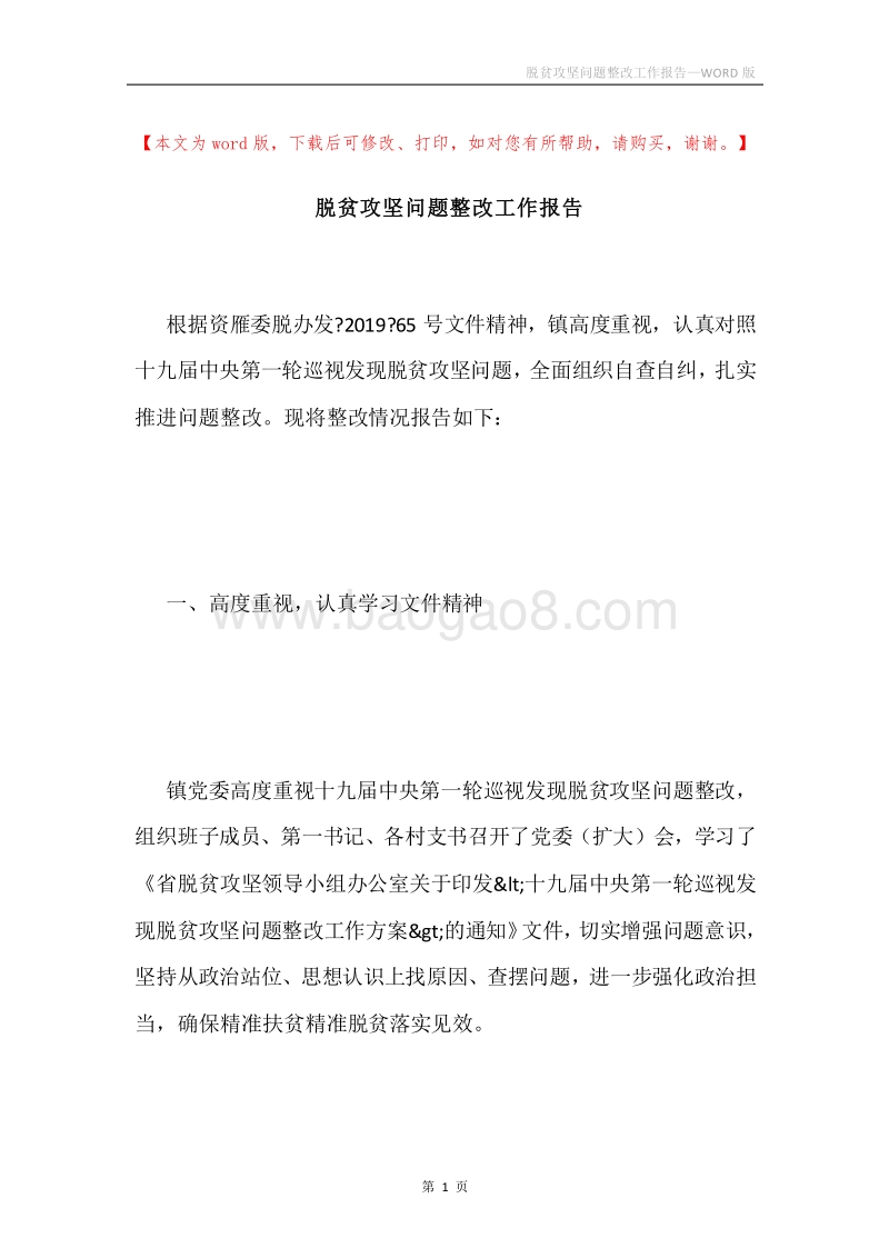 脱贫攻坚问题整改工作报告.docx_第1页
