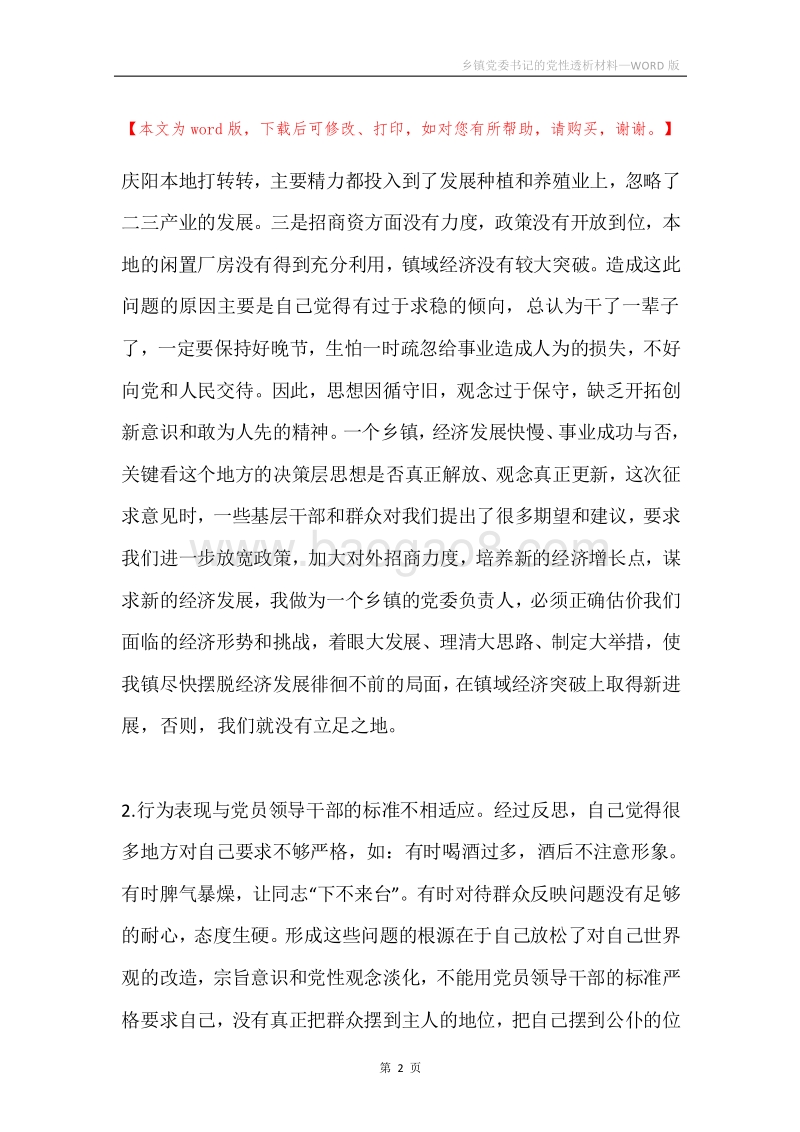 乡镇党委书记的党性透析材料.docx_第2页