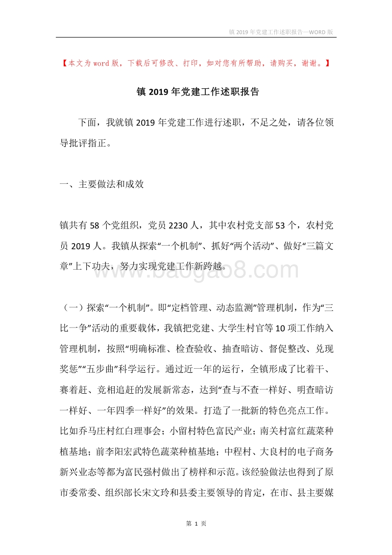 镇2019年党建工作述职报告.docx_第1页