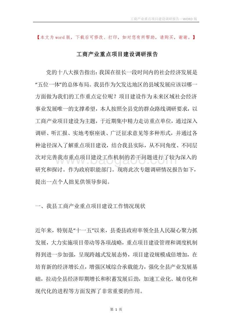 工商产业重点项目建设调研报告.docx_第1页