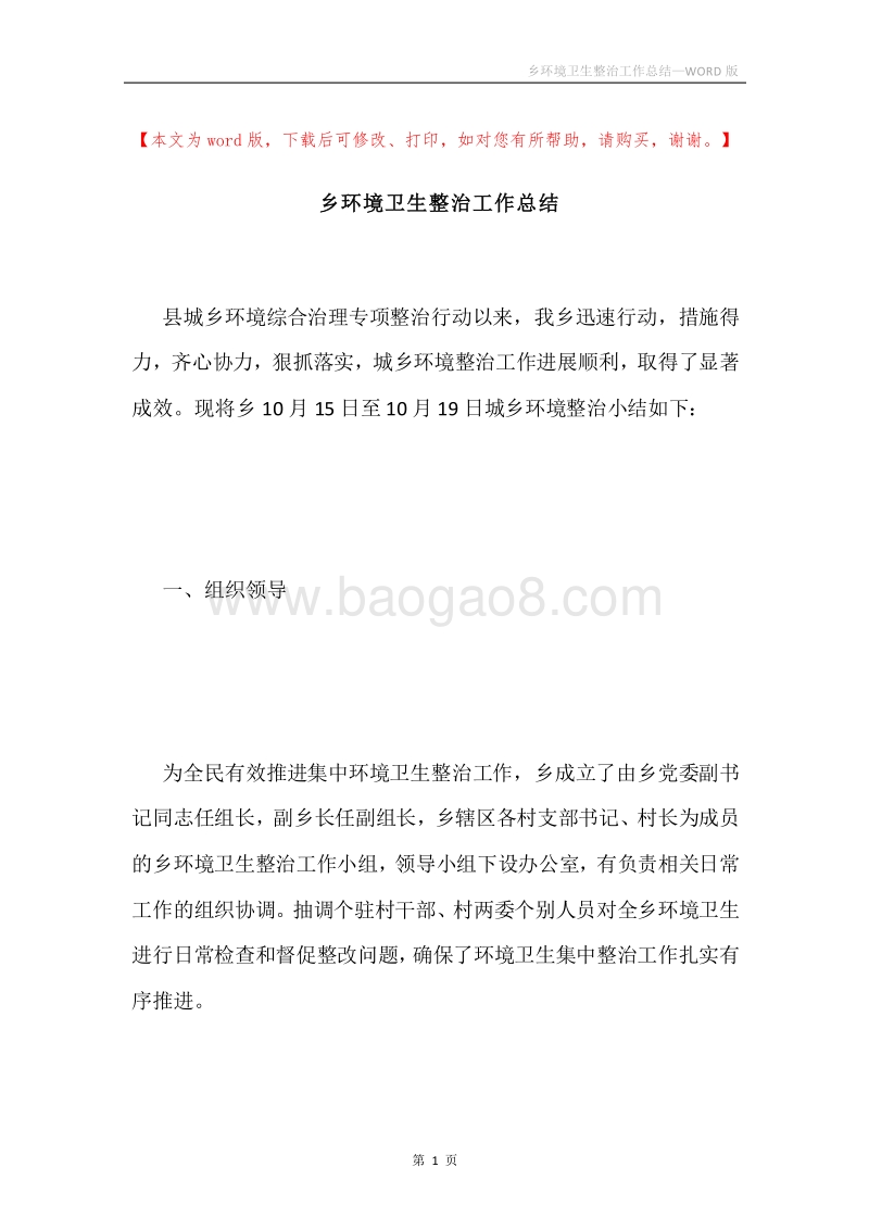 乡环境卫生整治工作总结.docx_第1页