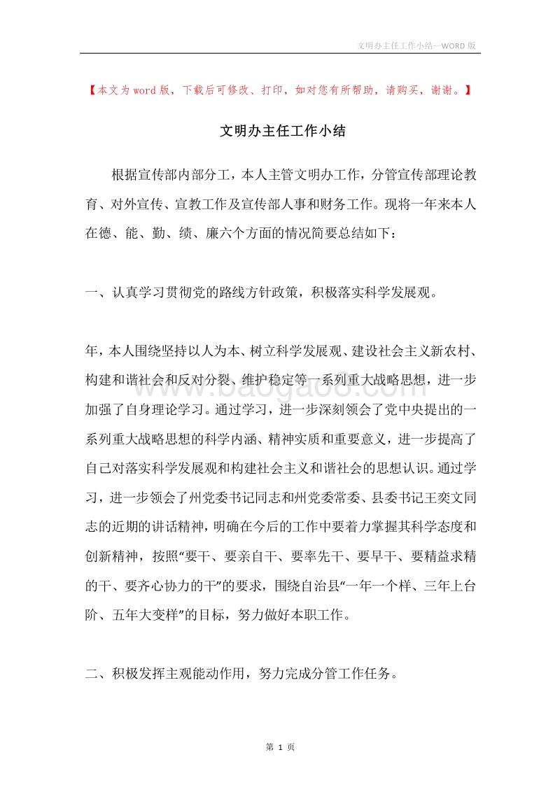文明办主任工作小结.docx_第1页