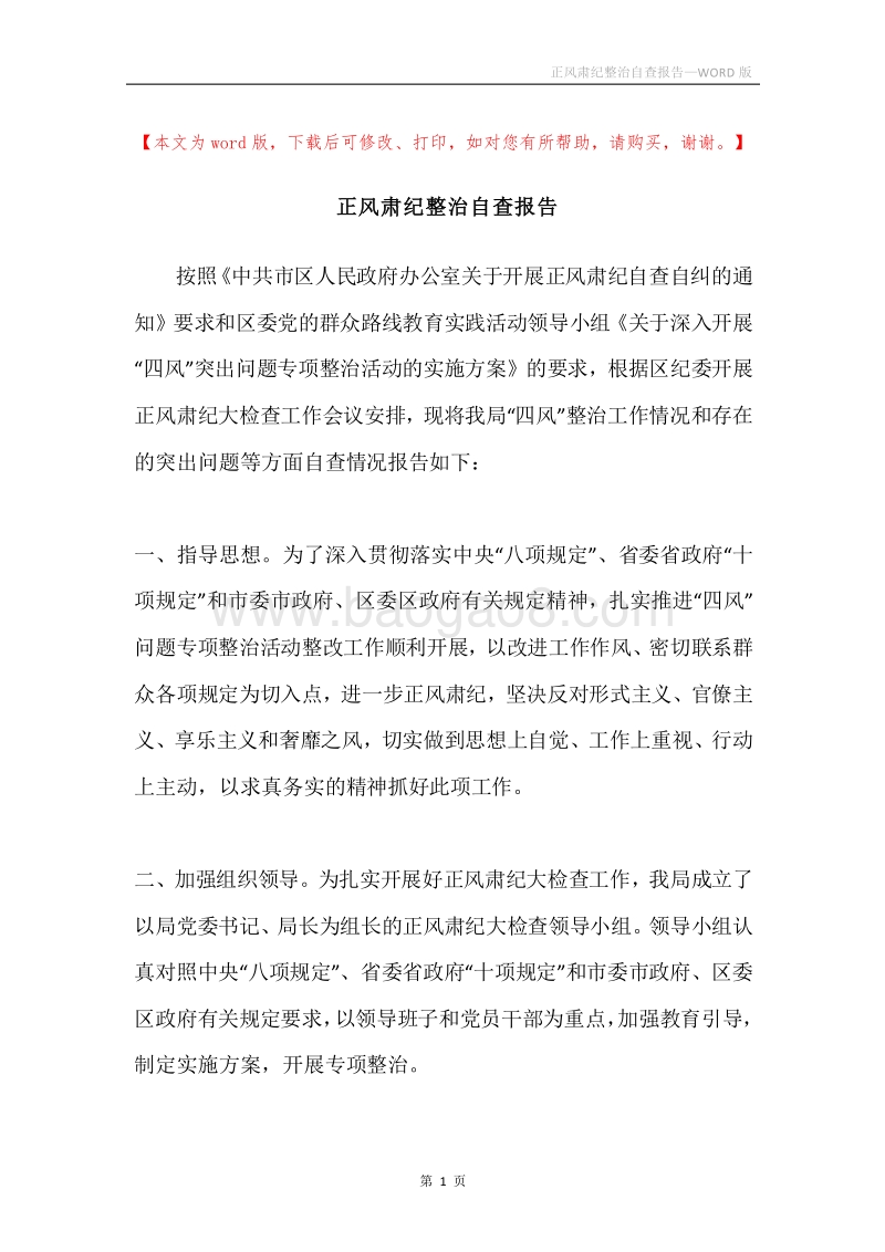 正风肃纪整治自查报告.docx_第1页