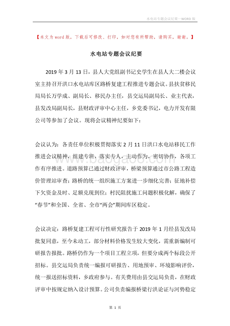水电站专题会议纪要.docx_第1页