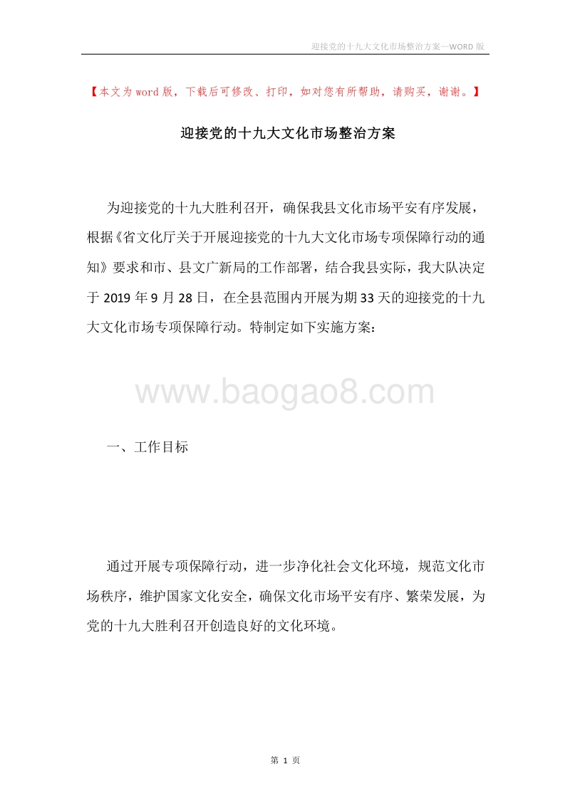 迎接党的十九大文化市场整治方案.docx_第1页