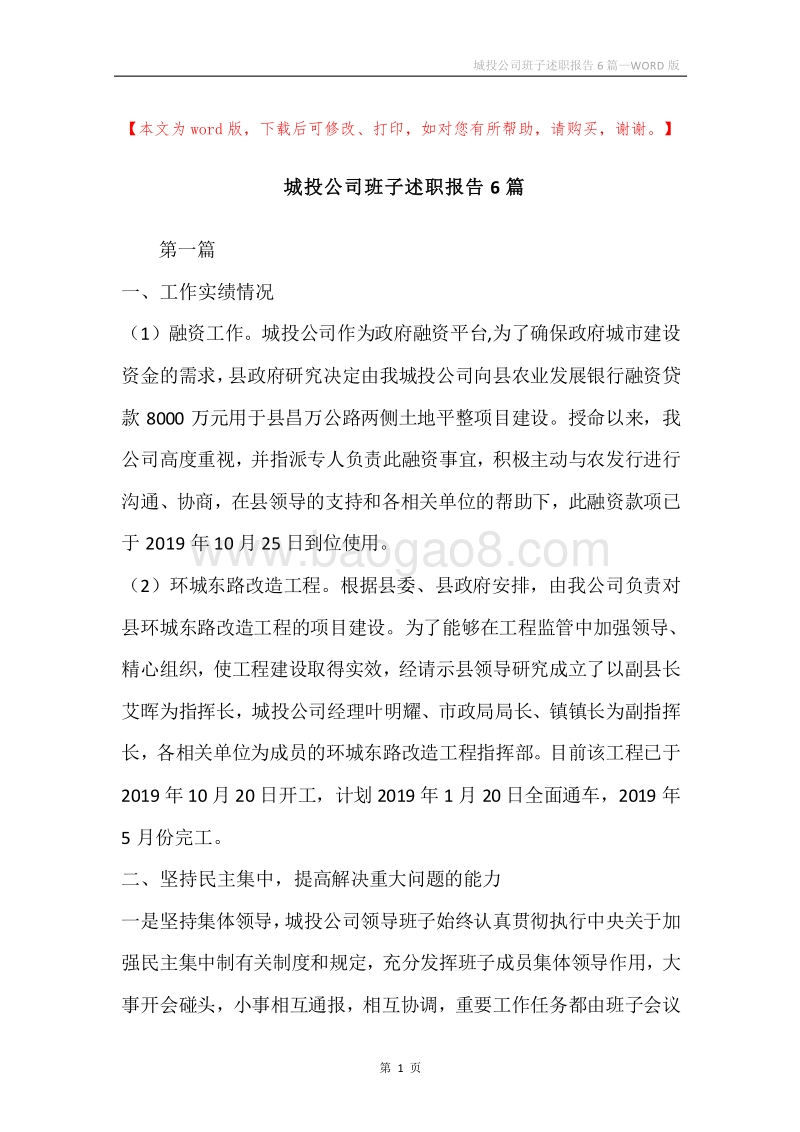 城投公司班子述职报告6篇.docx_第1页