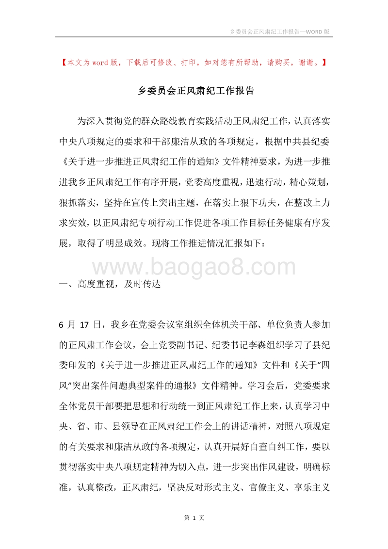 乡委员会正风肃纪工作报告.docx_第1页