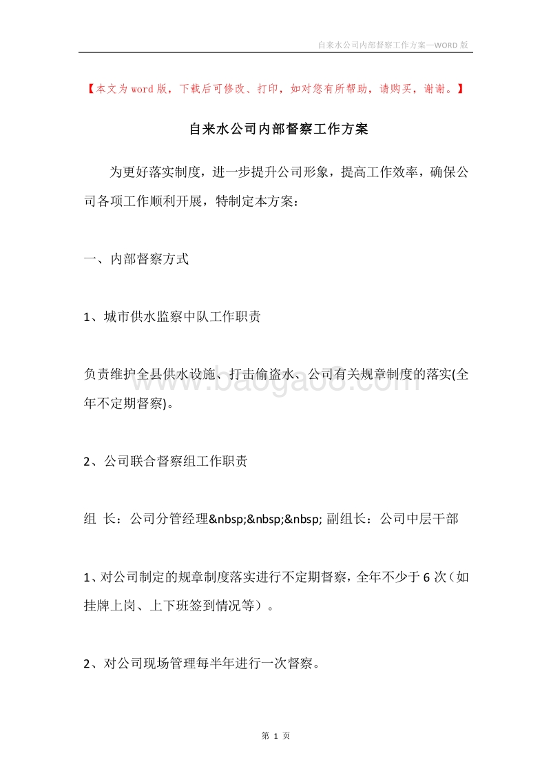 自来水公司内部督察工作方案.docx_第1页