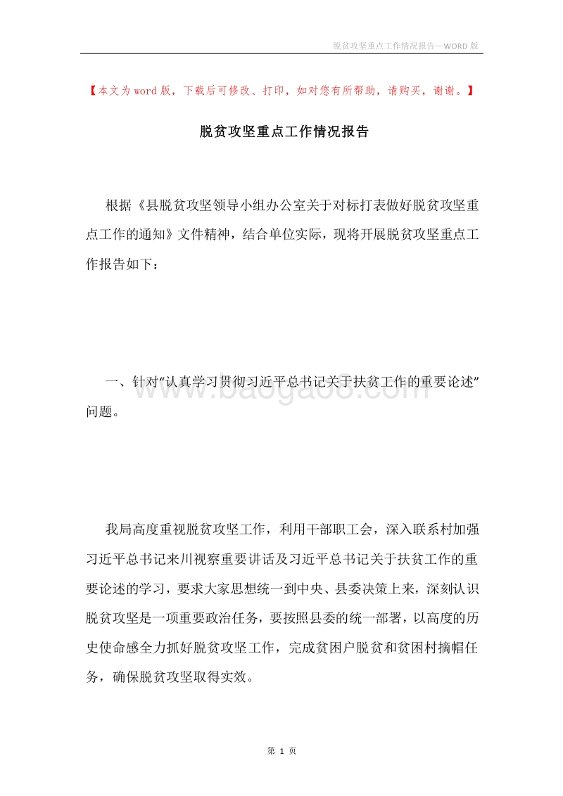 脱贫攻坚重点工作情况报告.docx_第1页