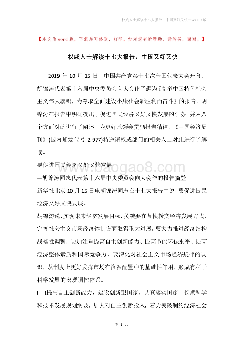 权威人士解读十七大报告：中国又好又快.docx_第1页