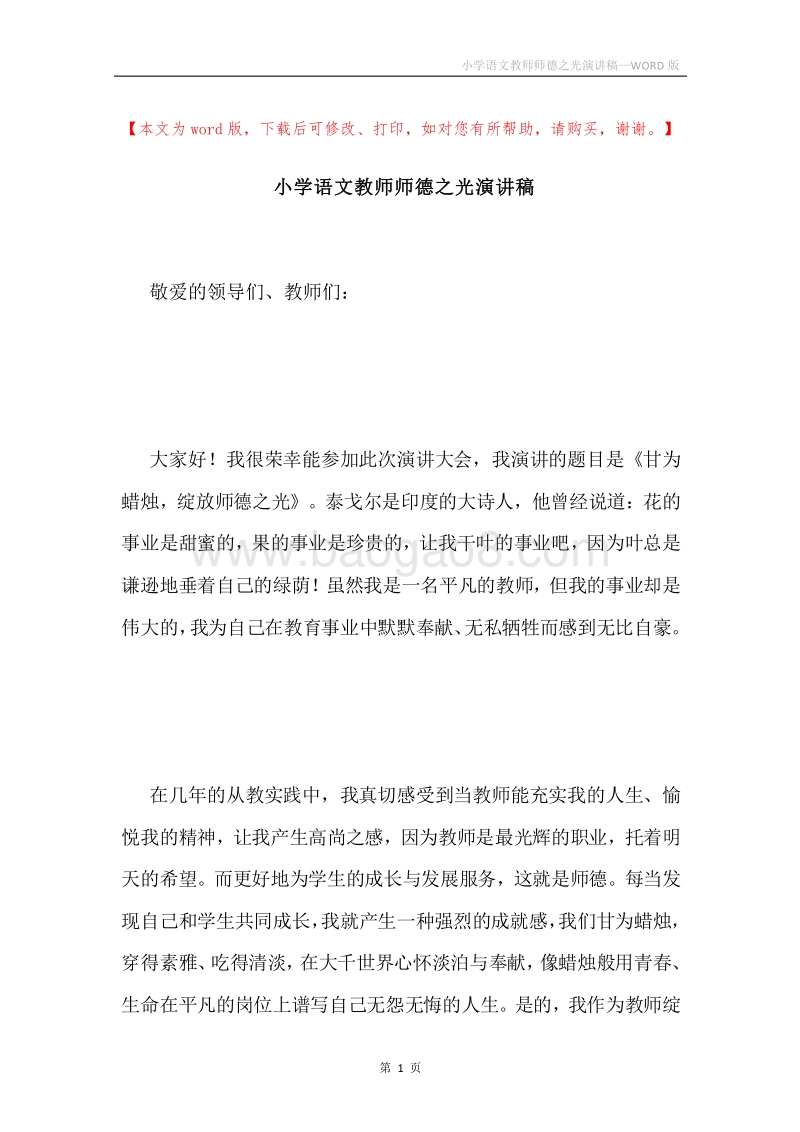 小学语文教师师德之光演讲稿.docx_第1页