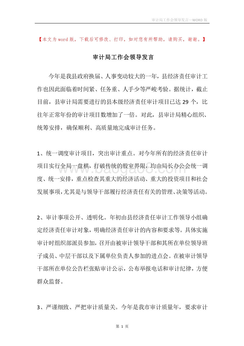 审计局工作会领导发言.docx_第1页