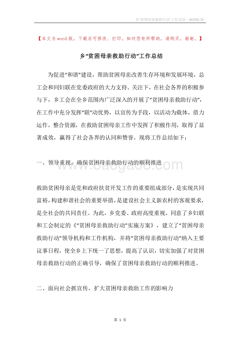 乡“贫困母亲救助行动”工作总结.docx_第1页