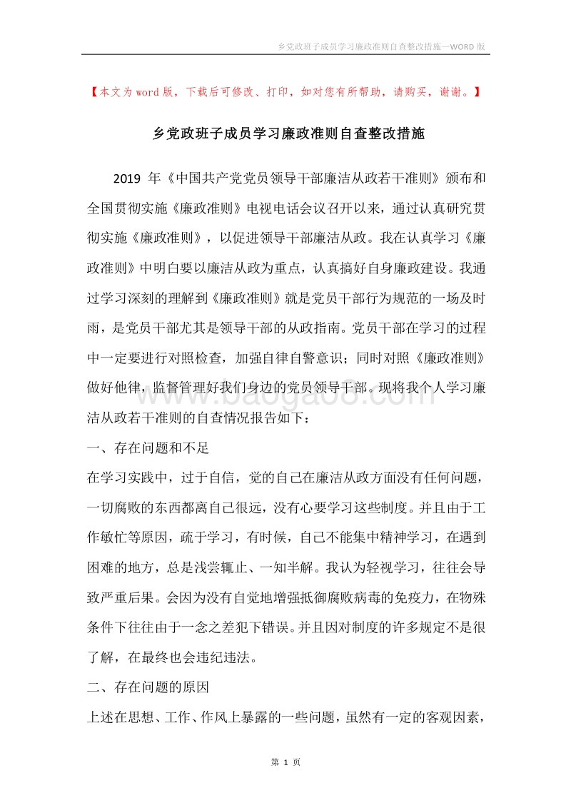 乡党政班子成员学习廉政准则自查整改措施.docx_第1页