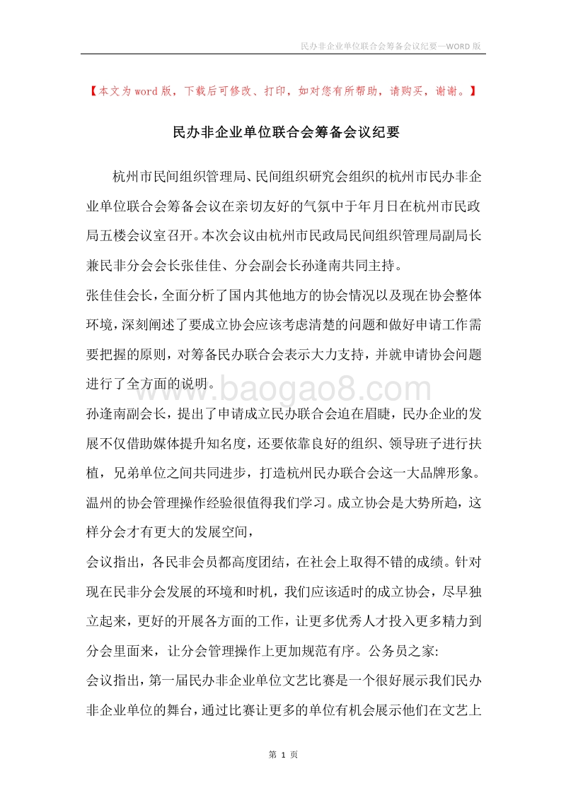 民办非企业单位联合会筹备会议纪要.docx_第1页