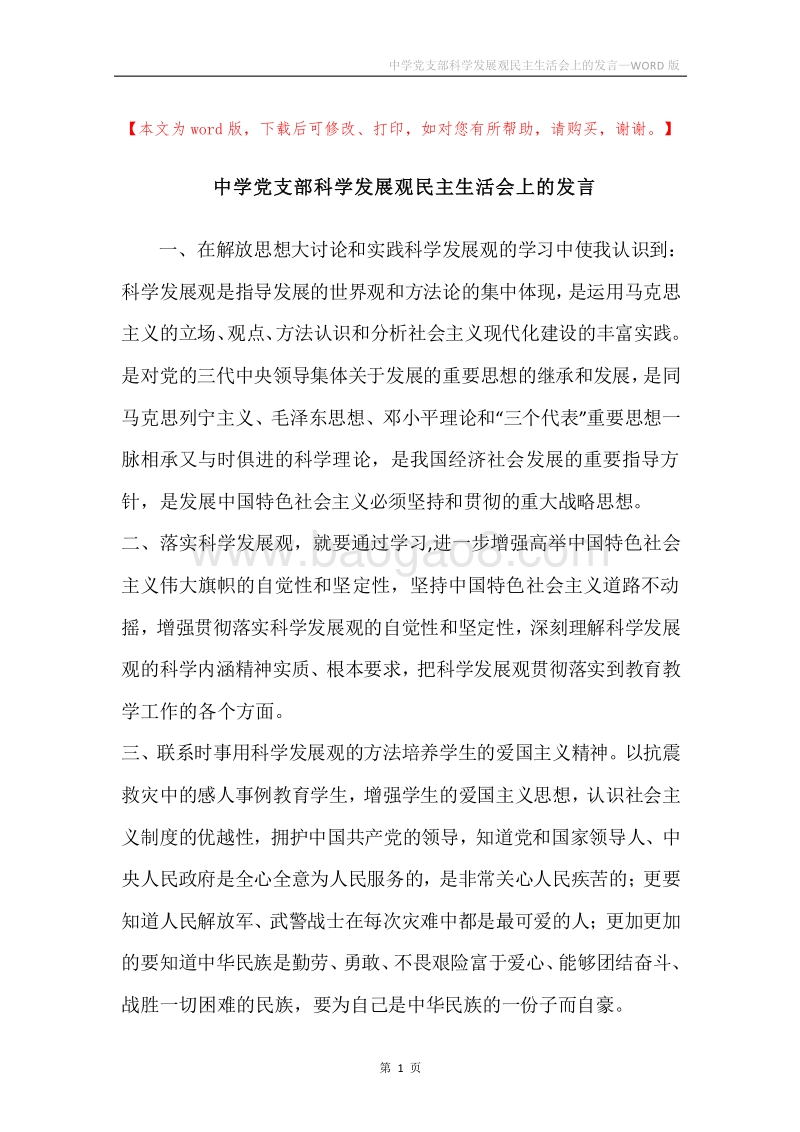中学党支部科学发展观民主生活会上的发言.docx_第1页