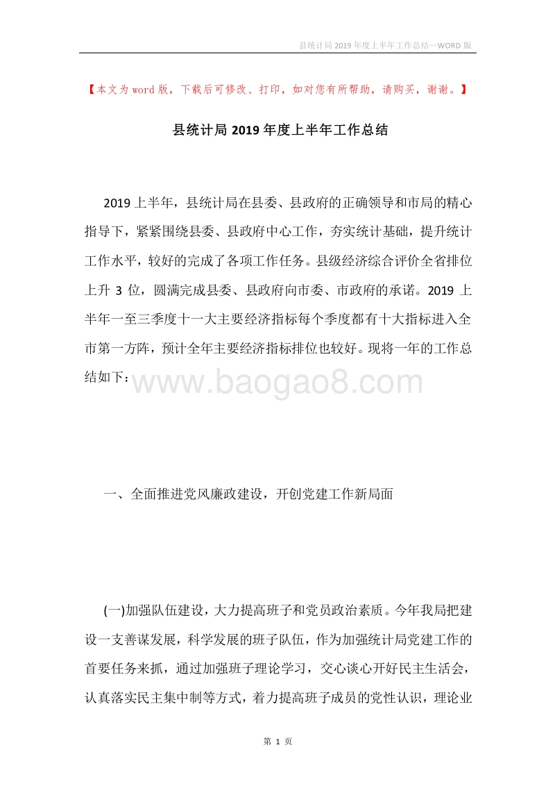 县统计局2019年度上半年工作总结.docx_第1页