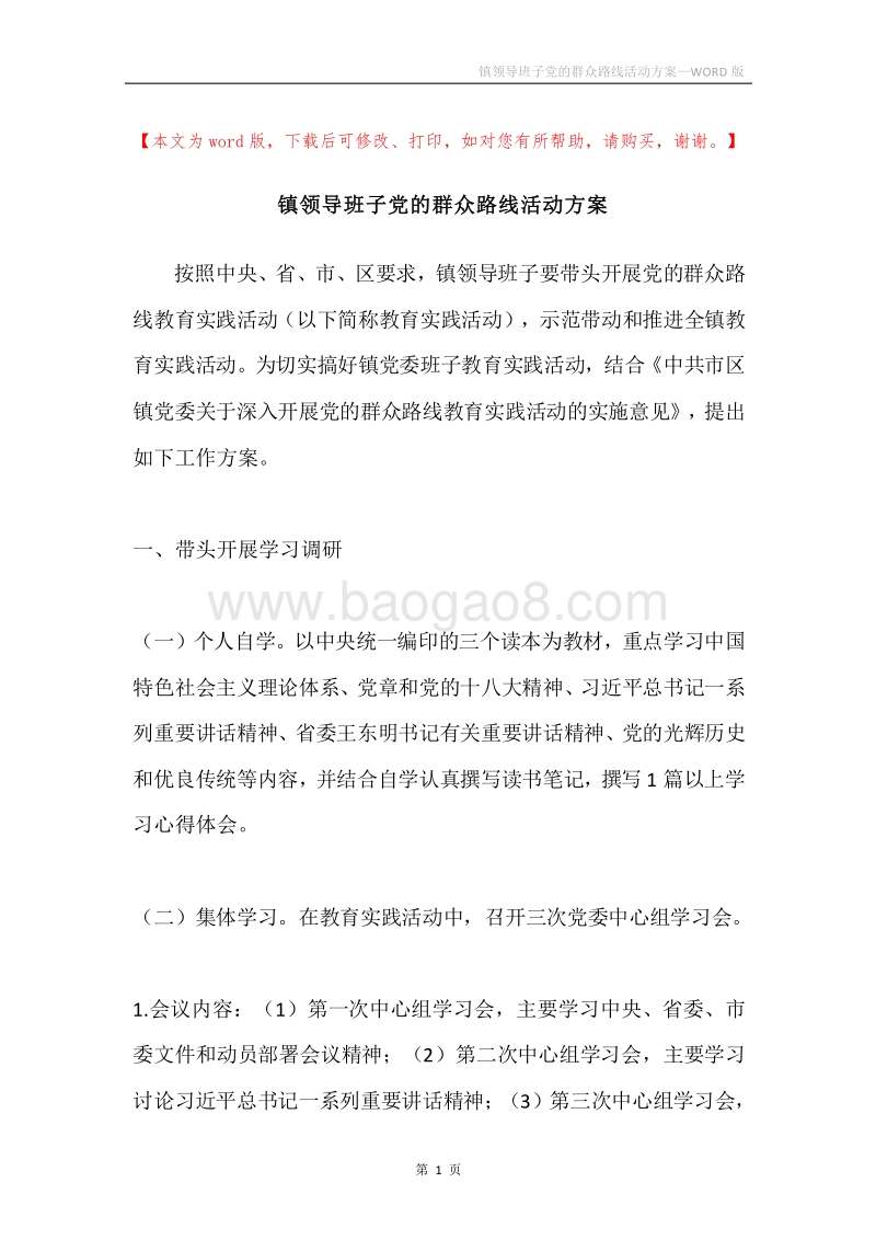 镇领导班子党的群众路线活动方案.docx_第1页