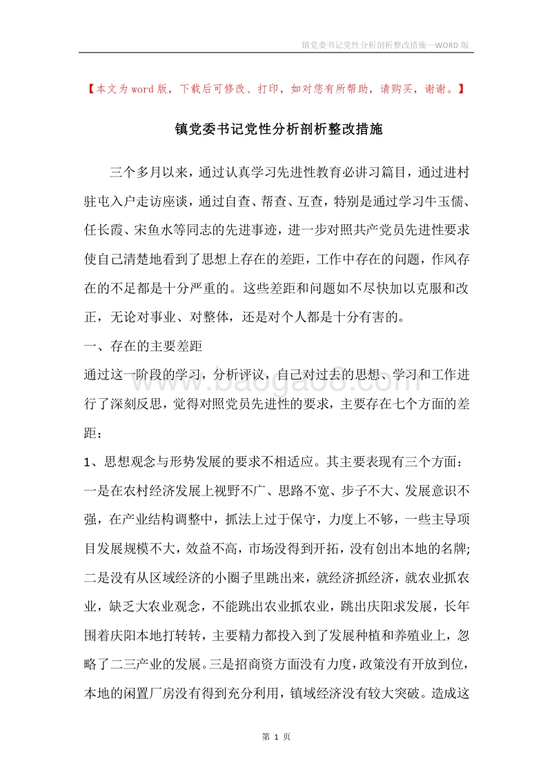 镇党委书记党性分析剖析整改措施.docx_第1页