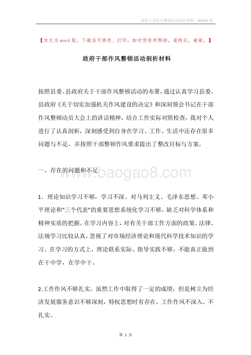 政府干部作风整顿活动剖析材料.docx_第1页