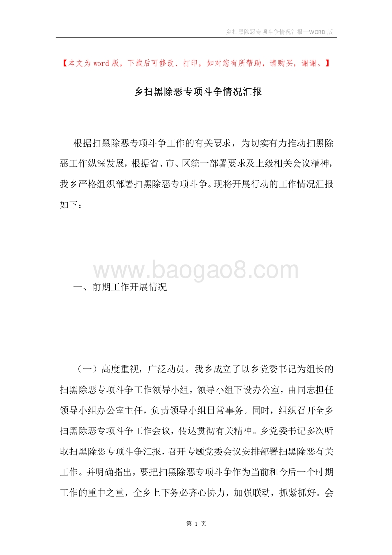 乡扫黑除恶专项斗争情况汇报.docx_第1页