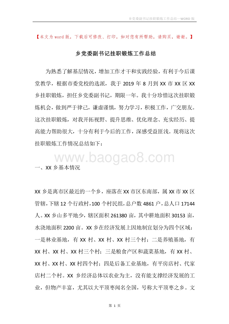 乡党委副书记挂职锻炼工作总结.docx_第1页