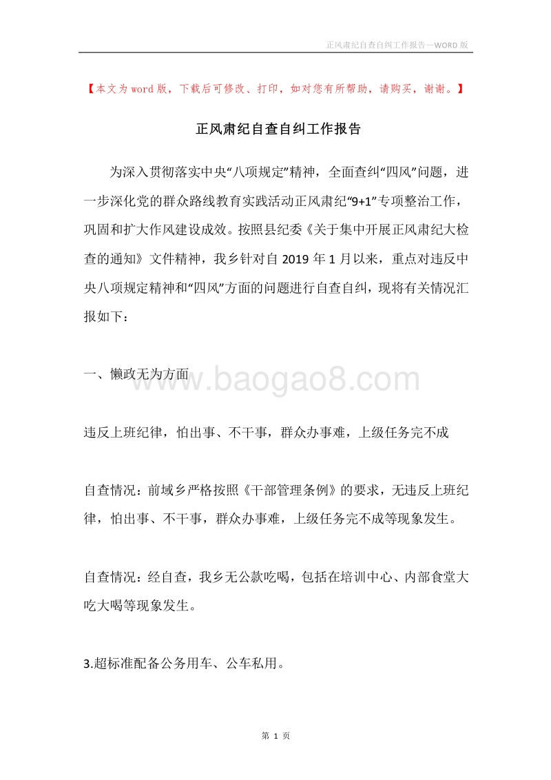 正风肃纪自查自纠工作报告.docx_第1页