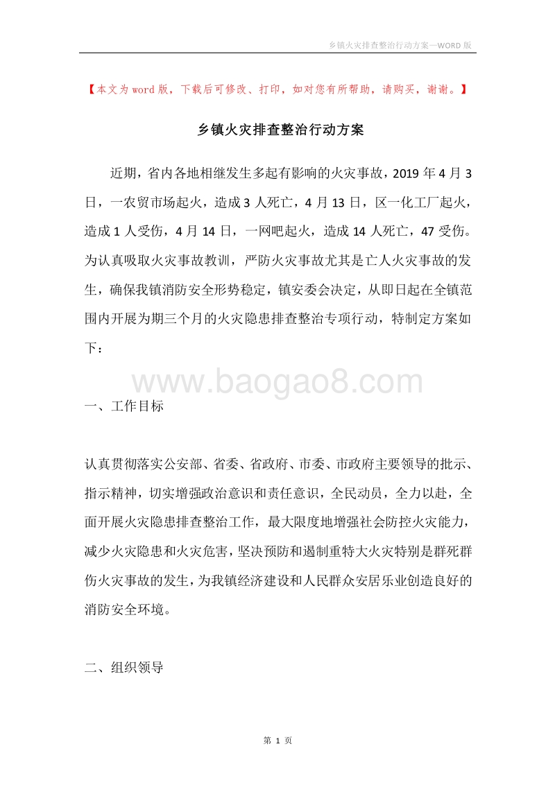 乡镇火灾排查整治行动方案.docx_第1页