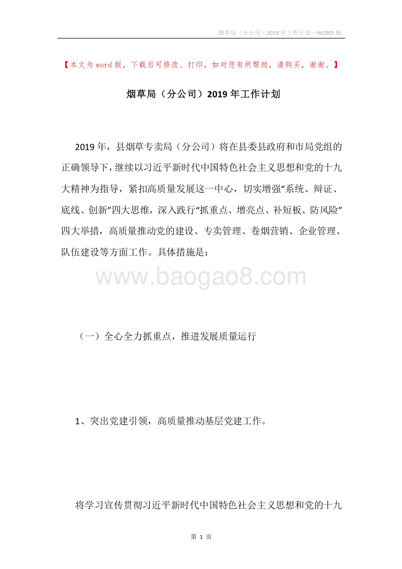 烟草局（分公司）2019年工作计划.docx_第1页
