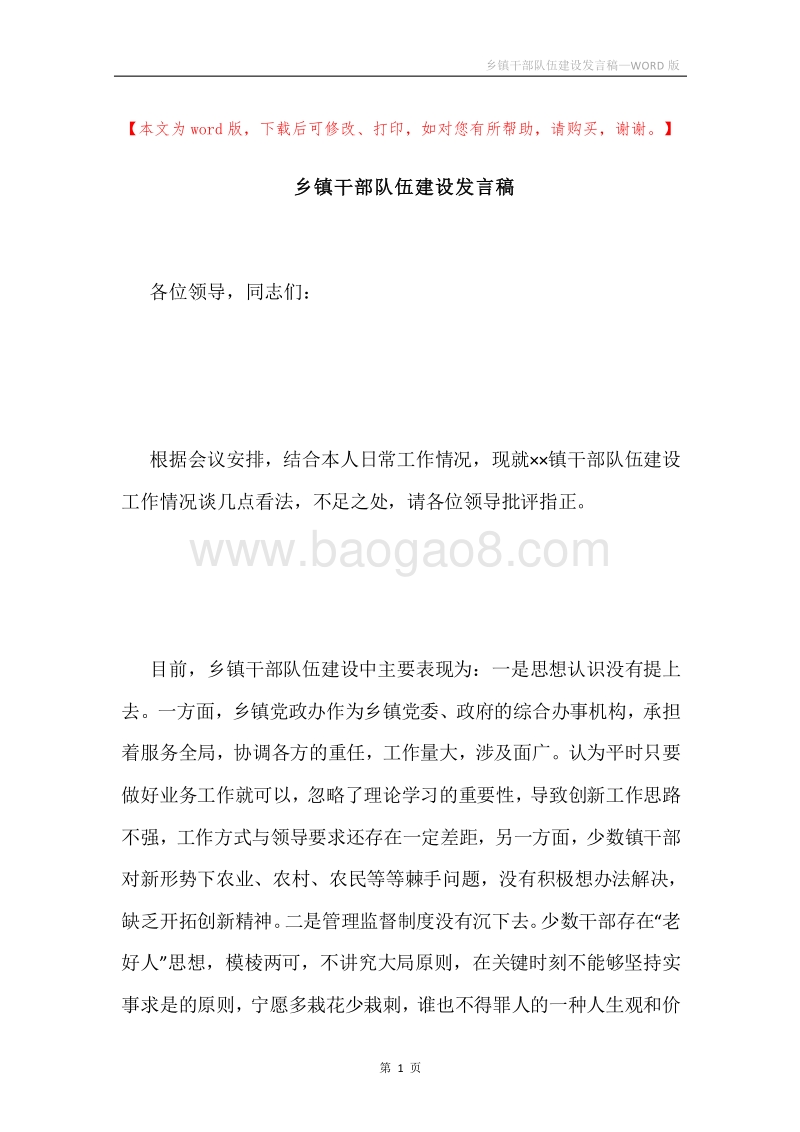 乡镇干部队伍建设发言稿.docx_第1页