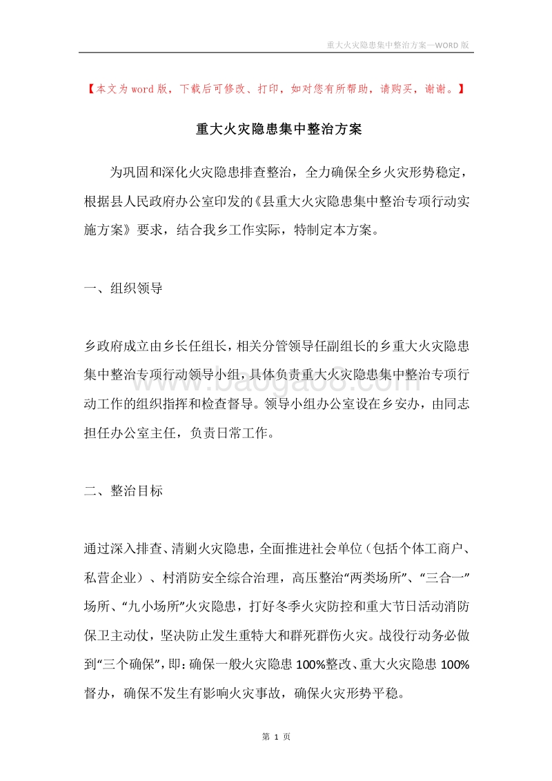 重大火灾隐患集中整治方案.docx_第1页