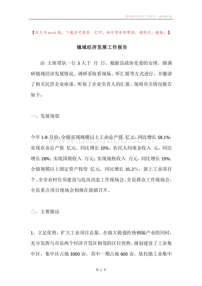 镇域经济发展工作报告.docx_第1页