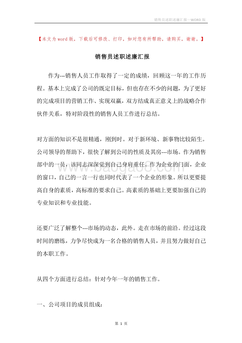 销售员述职述廉汇报.docx_第1页
