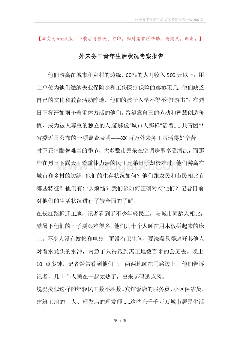 外来务工青年生活状况考察报告.docx_第1页