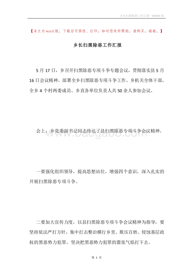 乡长扫黑除恶工作汇报.docx_第1页