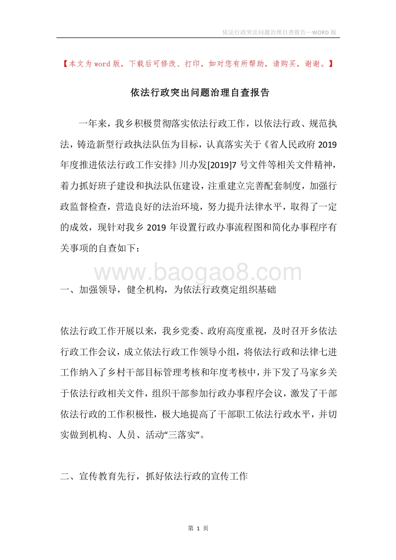 依法行政突出问题治理自查报告.docx_第1页