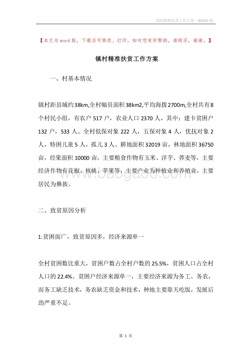 镇村精准扶贫工作方案.docx_第1页