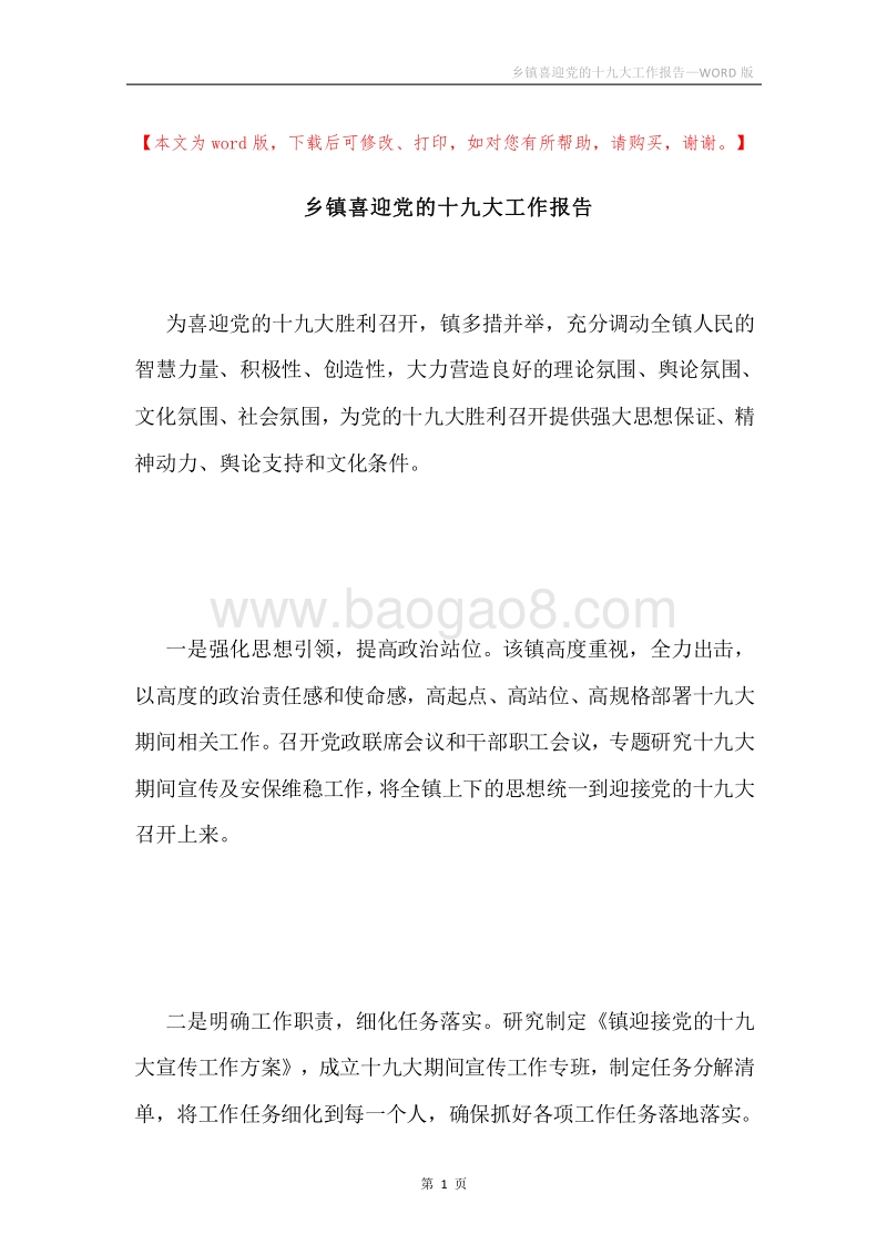乡镇喜迎党的十九大工作报告.docx_第1页