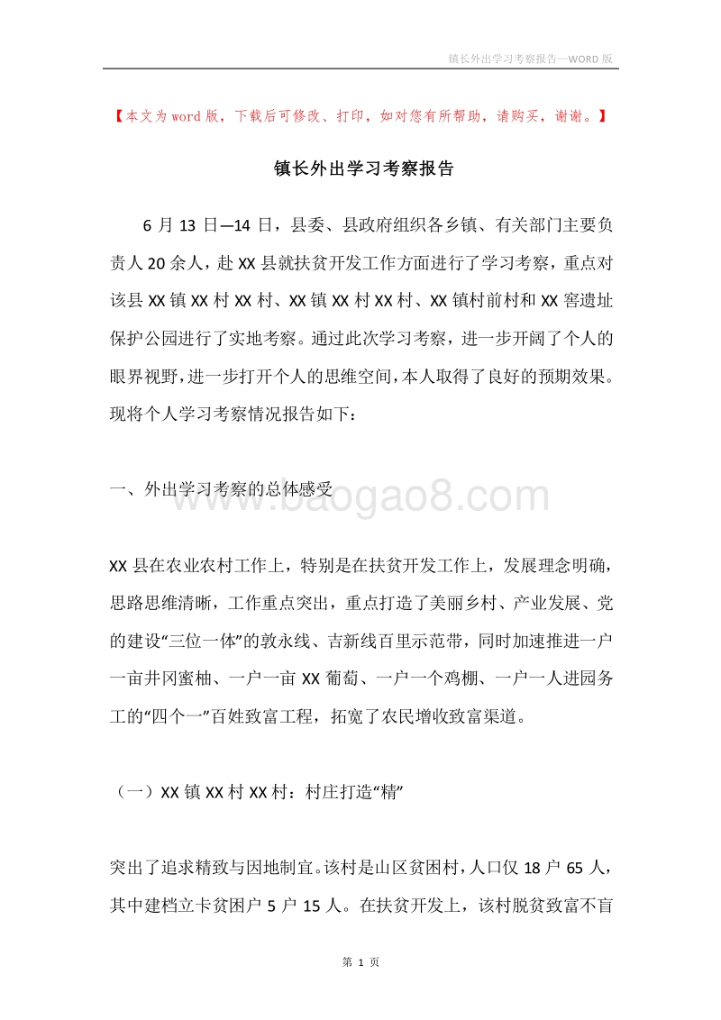 镇长外出学习考察报告.docx_第1页