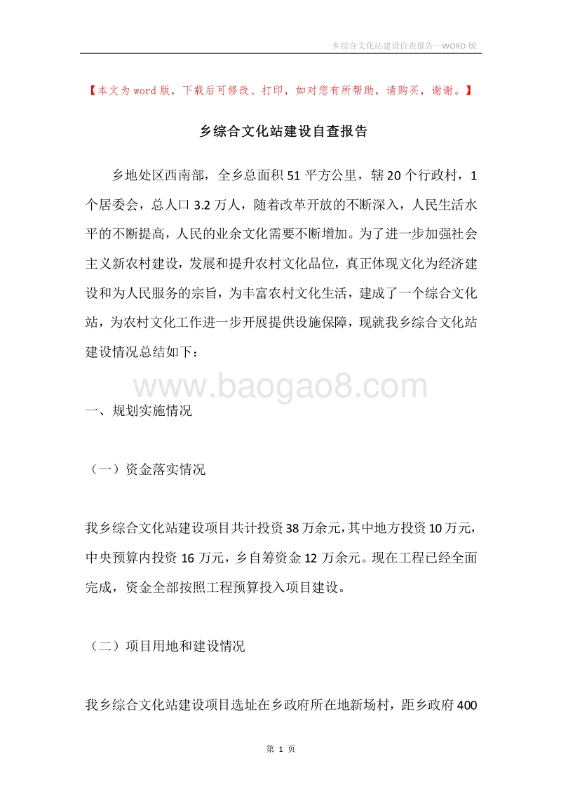 乡综合文化站建设自查报告.docx_第1页