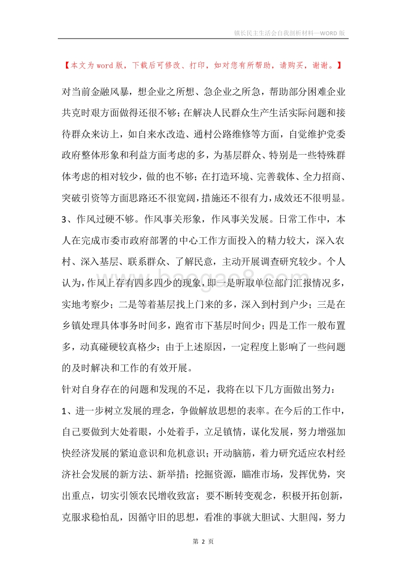 镇长民主生活会自我剖析材料.docx_第2页