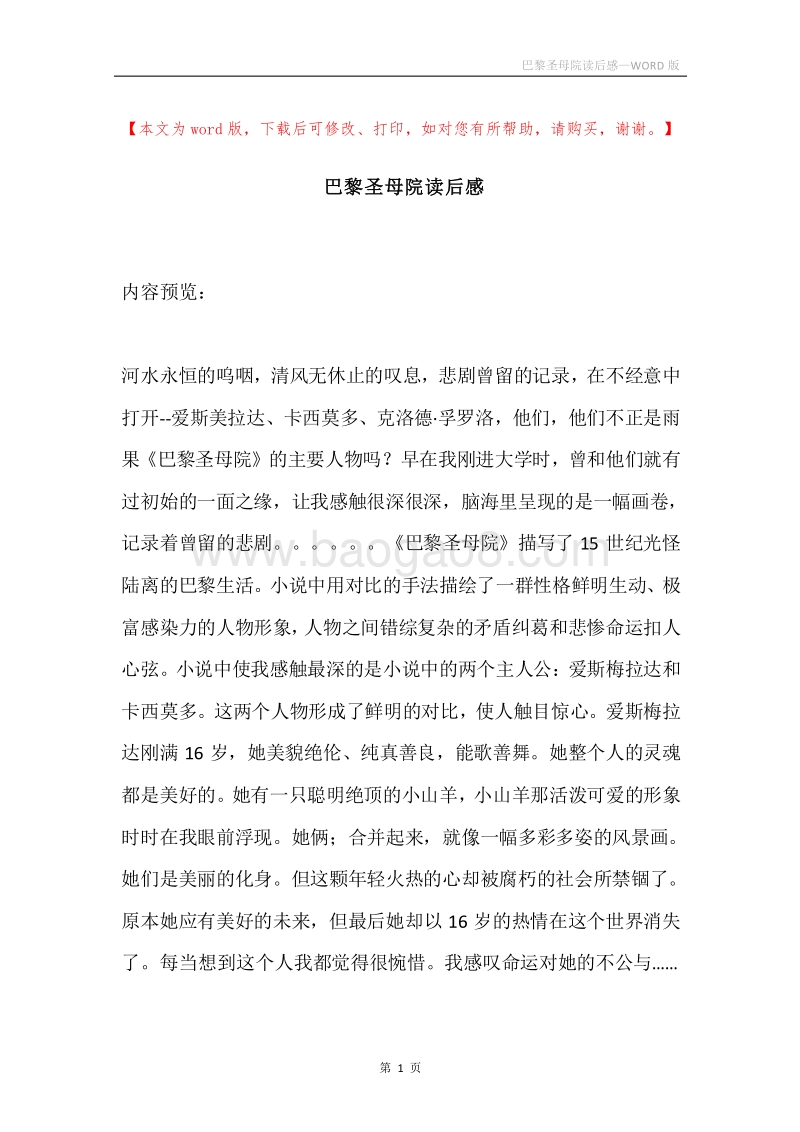 巴黎圣母院读后感_1.docx_第1页
