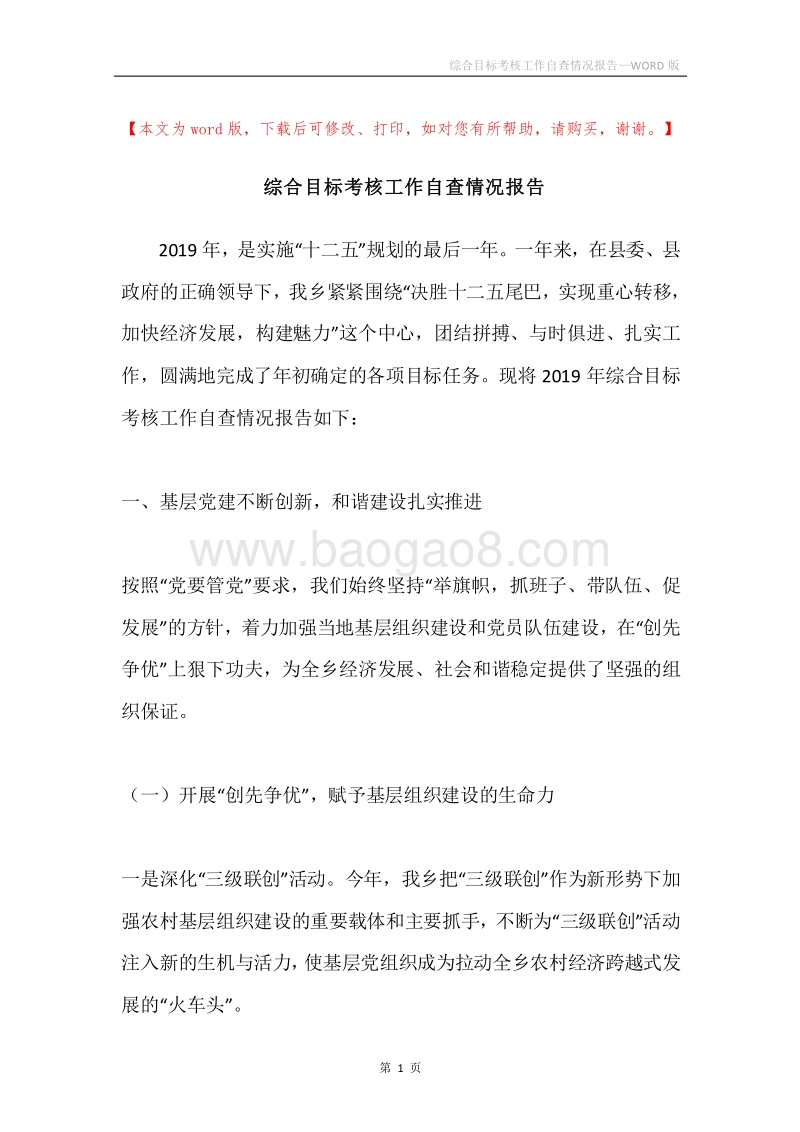 综合目标考核工作自查情况报告.docx_第1页