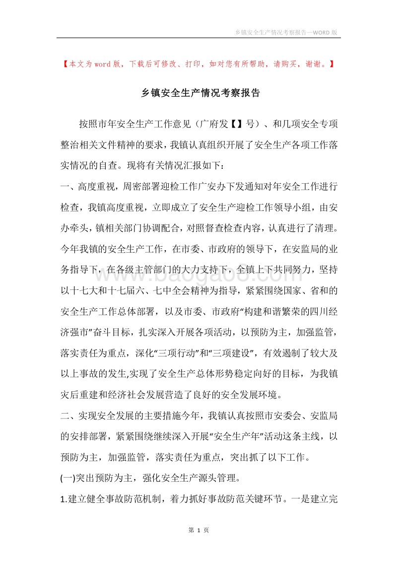 乡镇安全生产情况考察报告.docx_第1页