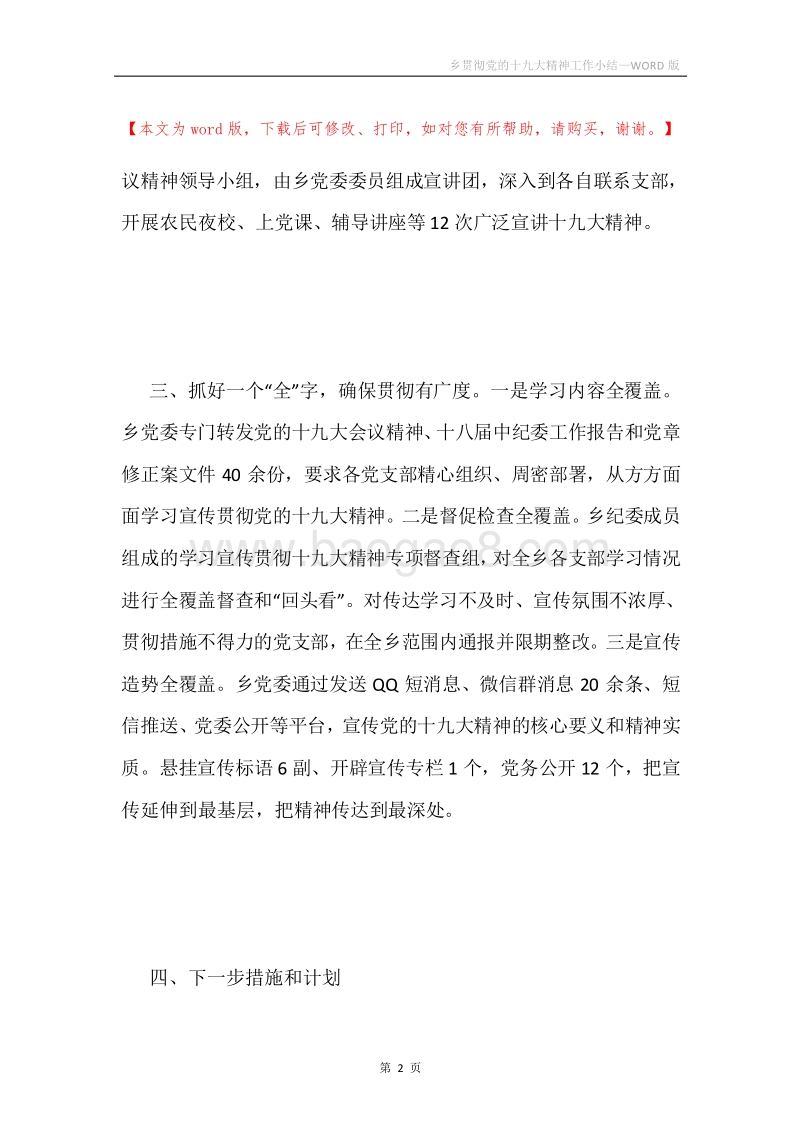 乡贯彻党的十九大精神工作小结.docx_第2页