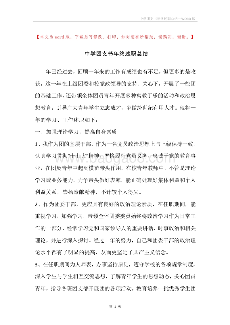 中学团支书年终述职总结.docx_第1页