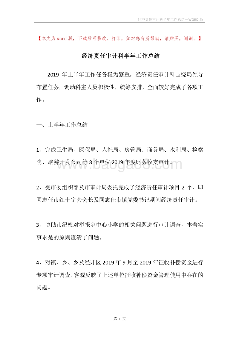 经济责任审计科半年工作总结.docx_第1页